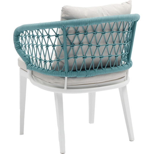 Sillón de comedor Isabela aluminio blanco y textil beige cuerda aqua.