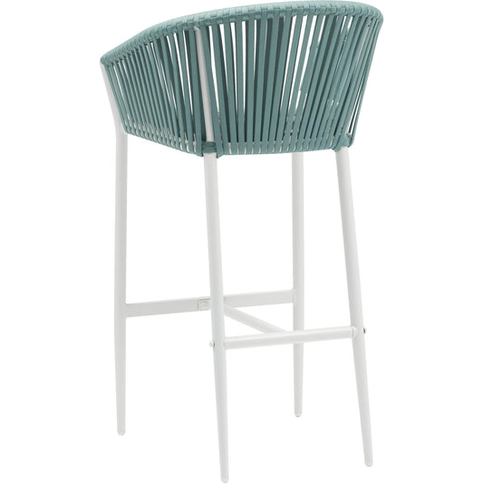 Sillón para barra de bar Ukiah aluminio blanco con cuerda aqua y cojín gris claro