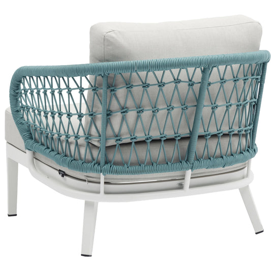 Sofá 1 plaza Isabela aluminio blanco textil beige y cuerda aqua