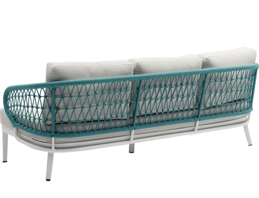 Sofá 3 plazas Isabela aluminio blanco textil beige y cuerda aqua