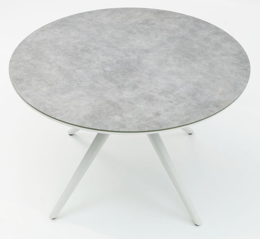 Mesa redonda Orick Ø 120 cm aluminio blanco cristal cerámico gris claro.
