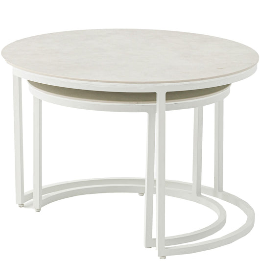 Set mesas auxiliares Albury aluminio blanco y top cristal cerámico greige