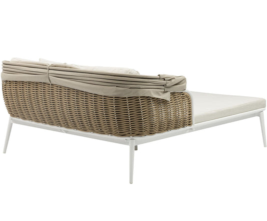 Daybed Irvine aluminio blanco cuerda taupe cojín beige top en textil beige claro.