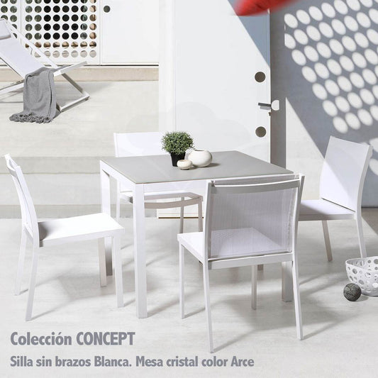 Mesa de comedor Adin 90*90 cm aluminio blanco y cristal gris claro