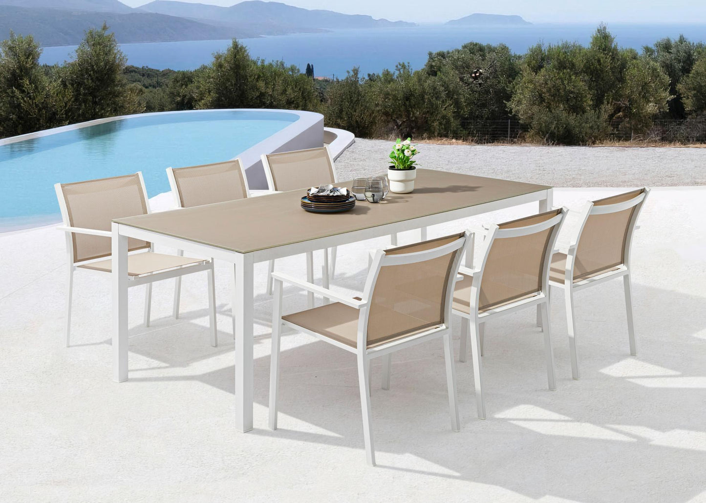 Mesa de comedor Adin 90*90 cm aluminio blanco y cristal taupe