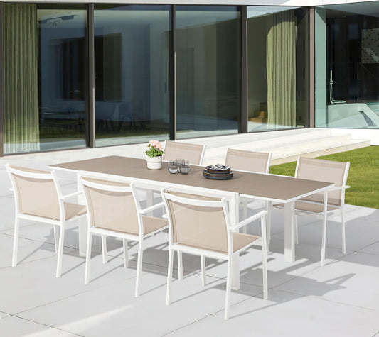 Mesa extensible ORICK 100*150/225 cm aluminio blanco y cristal taupe