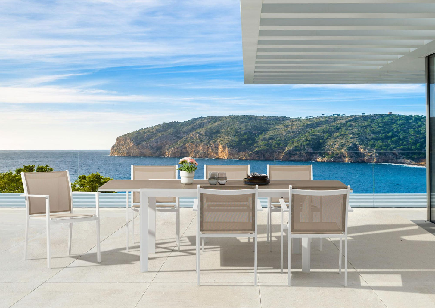 Mesa extensible ORICK 100*150/225 cm aluminio blanco y cristal taupe