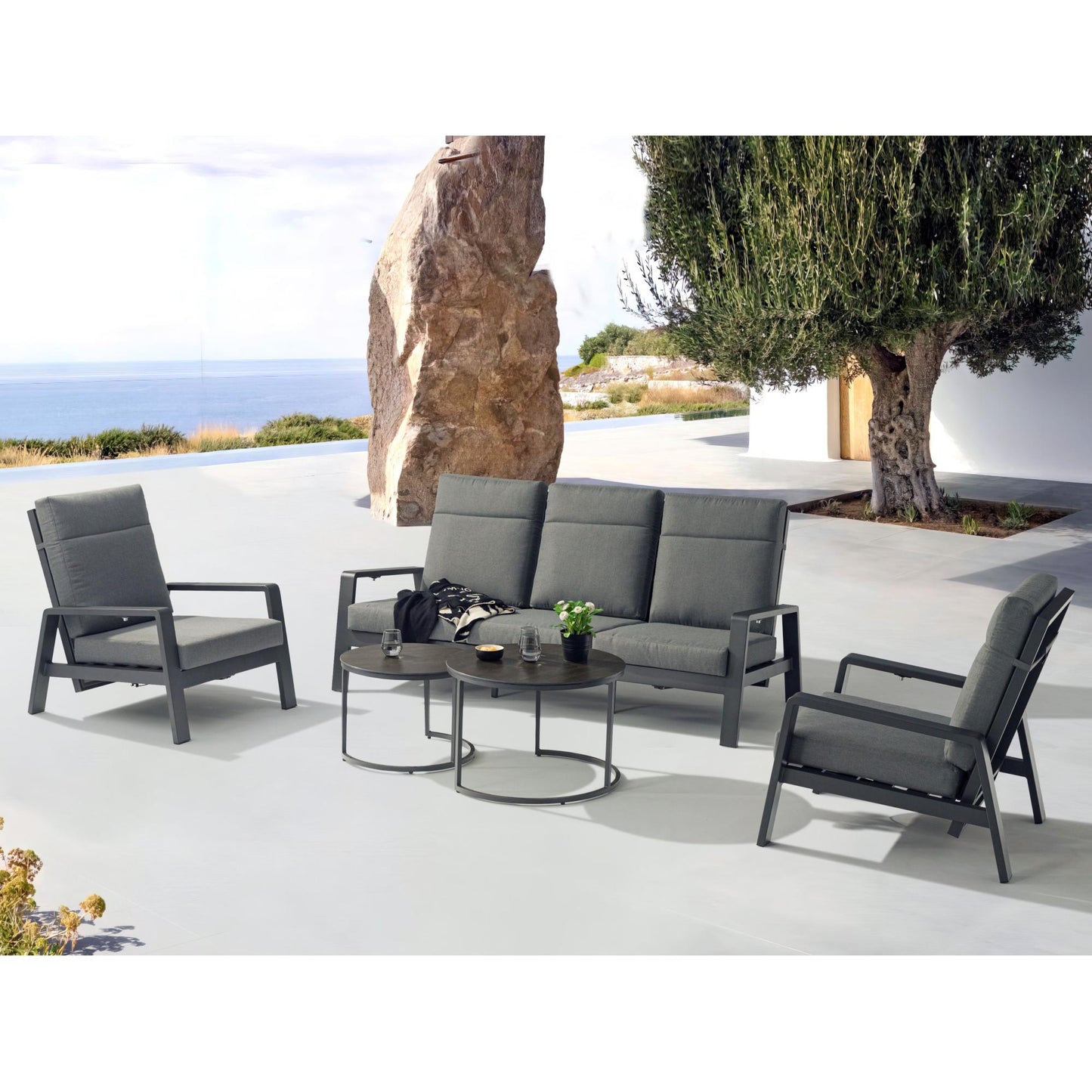 Set mesas auxiliares Albury aluminio con top cristal cerámico antracita