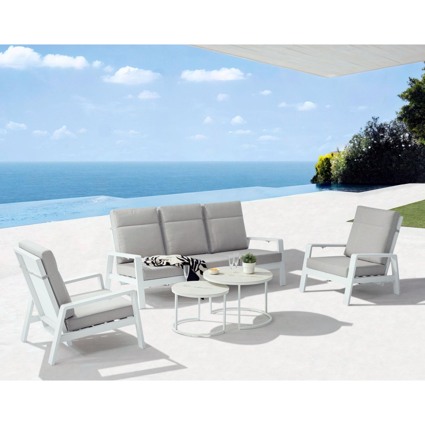 Set mesas auxiliares Albury aluminio blanco y top cristal cerámico greige