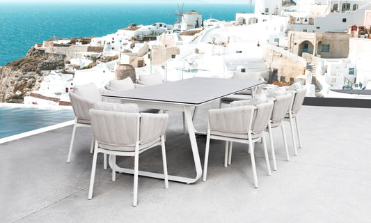 Mesa de comedor Babylon 220X100 cm aluminio blanco y cristal cerámico gris medio.