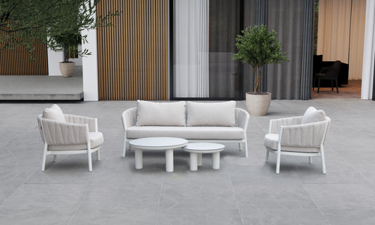 Sofá 3 plaza Attica aluminio blanco y textil gris claro