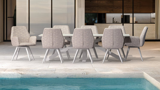 Silla de comedor giratoria Levin aluminio blanco textil beige