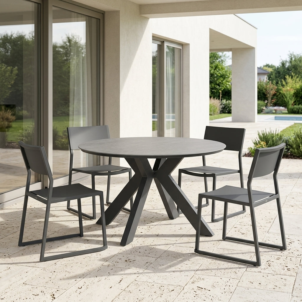 Mesa redonda Bais Ø 120x75 cm aluminio antracita y top mesa porcelánico gris medio