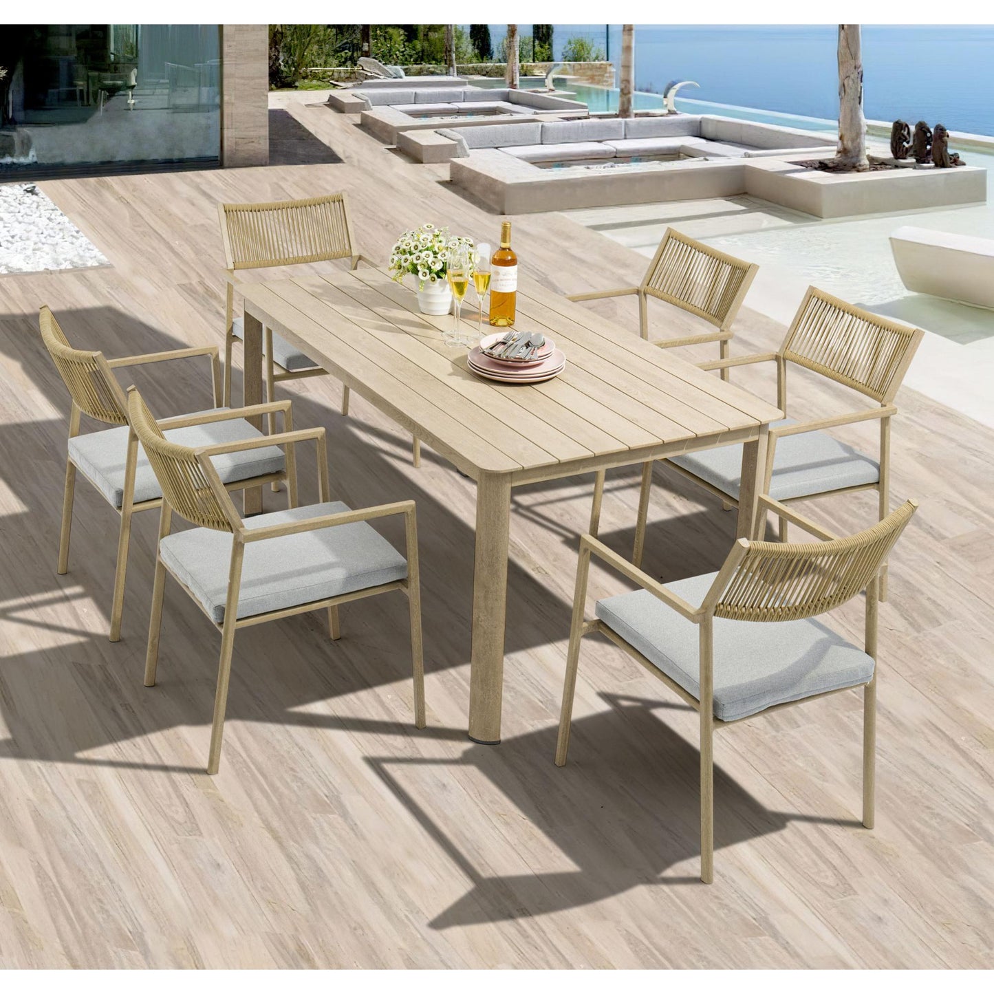 Silla de comedor Harmony aluminio efecto madera y cuerda natural.