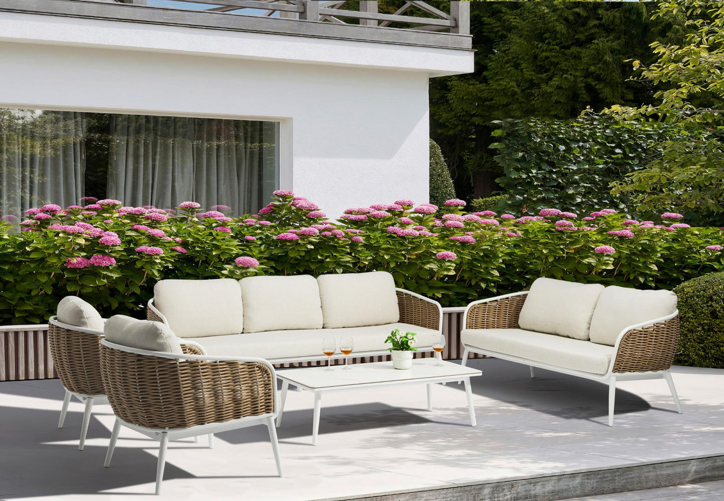 Sofá 3 plazas Irvine aluminio blanco cuerda taupe cojín beige