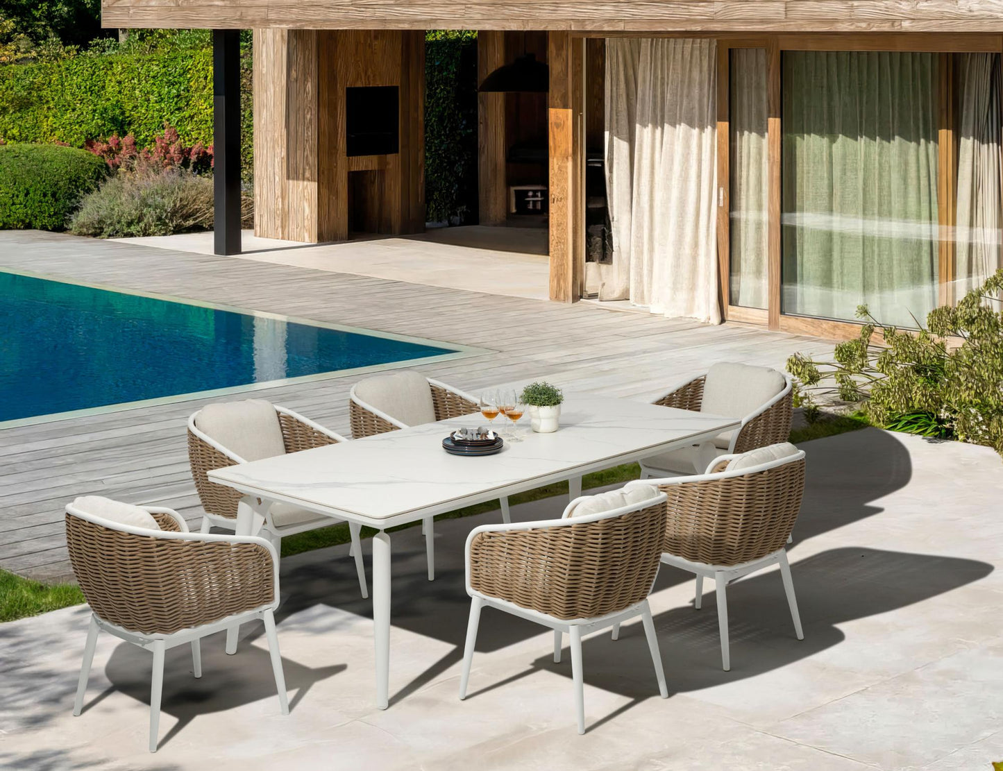 Mesa de comedor Irvine 220x100cm aluminio blanco top porcelánico blanco