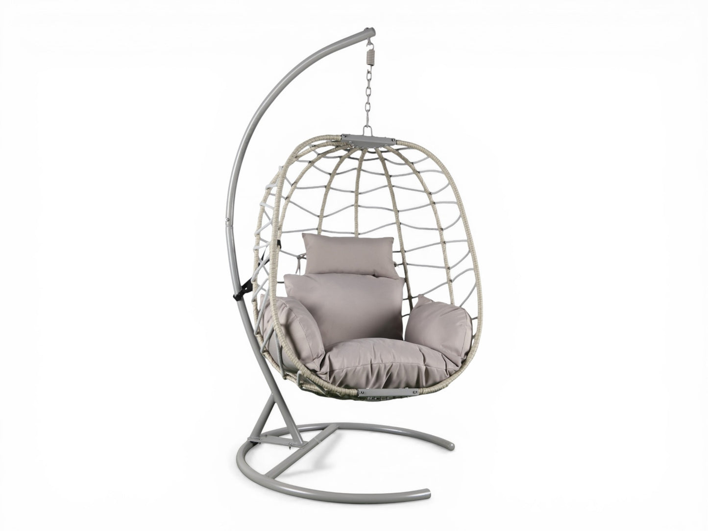 Sillón Colgante 1 Plaza Ratán Sintético y Cuerda Gris Claro con Base y Cojín
