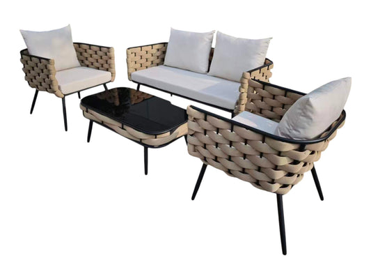 Conjunto Relax Jardín Metal y Cuerda. Sofá 2P + 2 Sillones + Mesa Cristal Negro