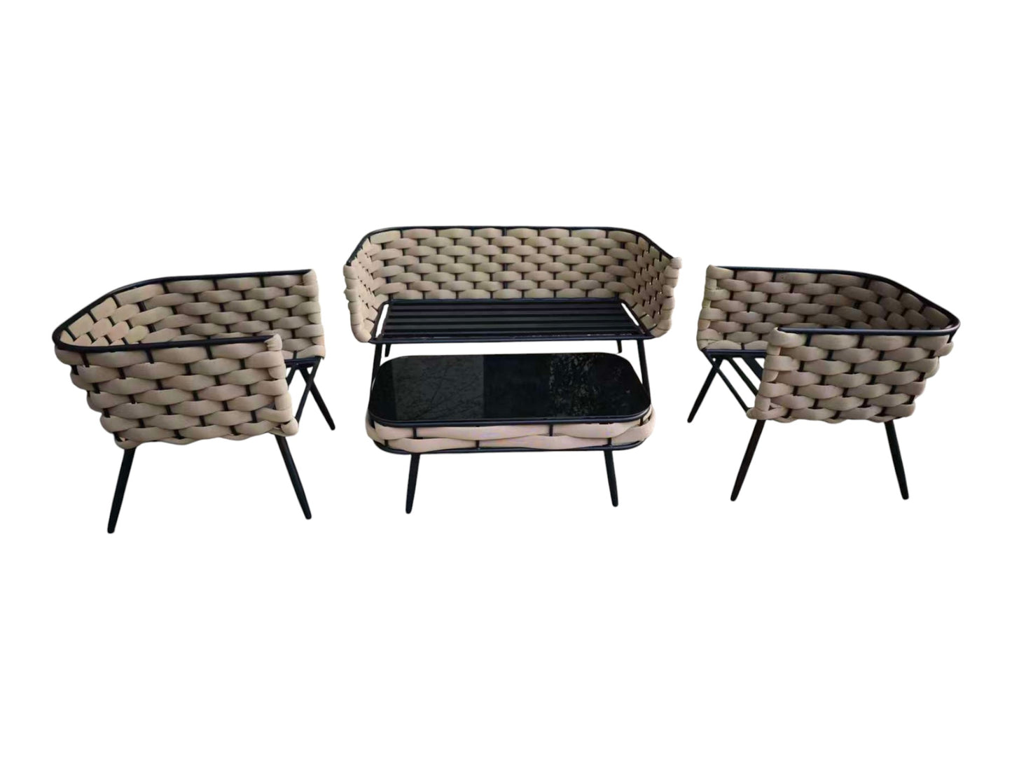 Conjunto Relax Jardín Metal y Cuerda. Sofá 2P + 2 Sillones + Mesa Cristal Negro
