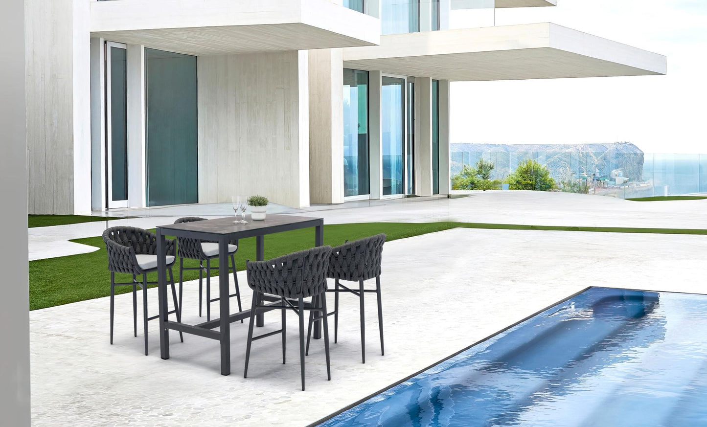 Mesa alta bar Meridian 130x70 cm aluminio antracita con cristal cerámico gris antracita.