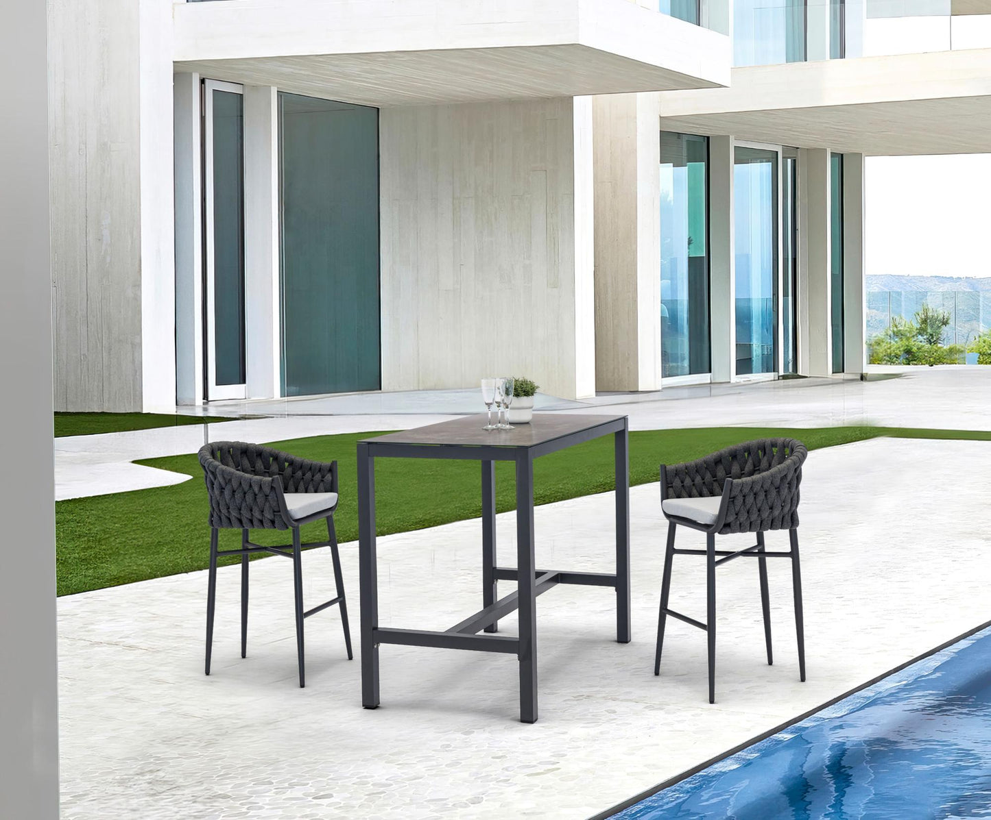 Sillón para barra de bar Meridian aluminio y cuerda antracita con cojín gris medio