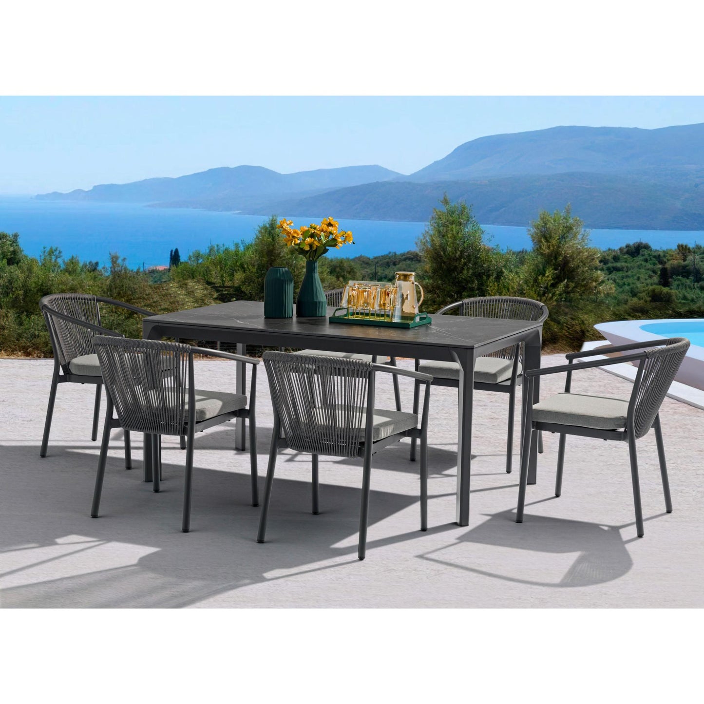 Silla de comedor Moana aluminio antracita cojín gris medio.