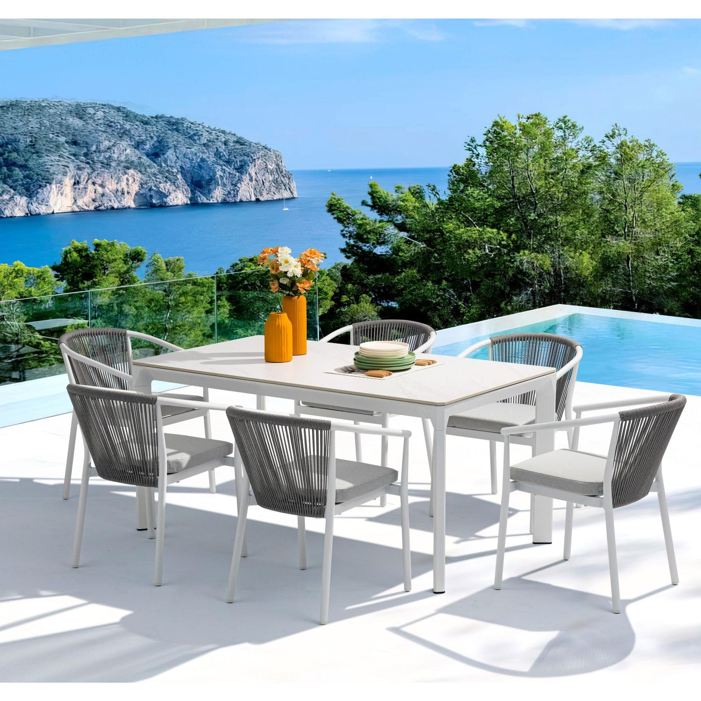 Silla de comedor Moana aluminio blanco con cojín gris claro