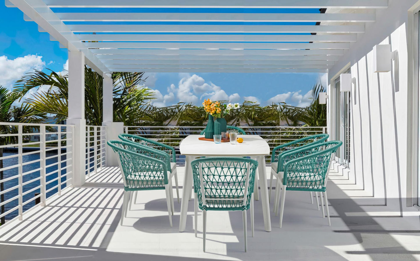 Silla de comedor Nelayan aluminio blanco cuerda aqua