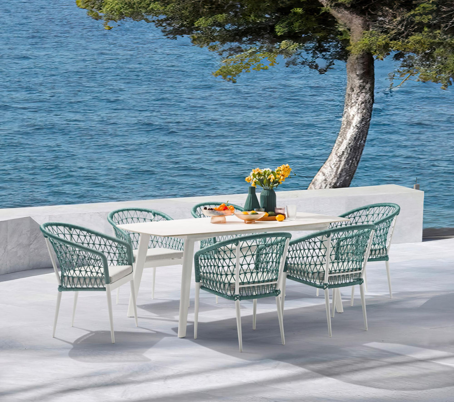 Mesa de comedor Nelayan 180x90 aluminio blanco top mesa porcelánico blanco