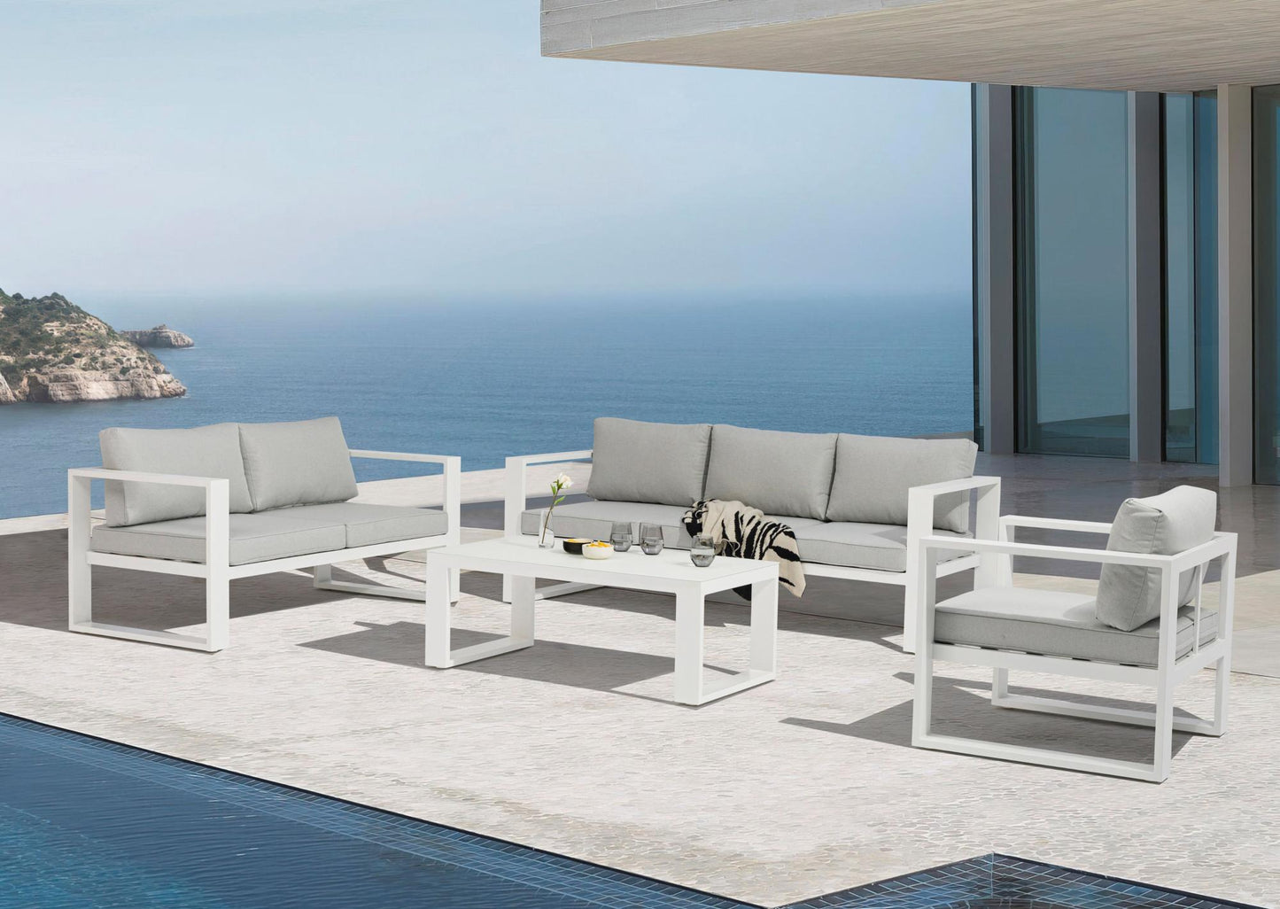 Sofá 3 plazas Niland aluminio blanco y cojinería gris claro