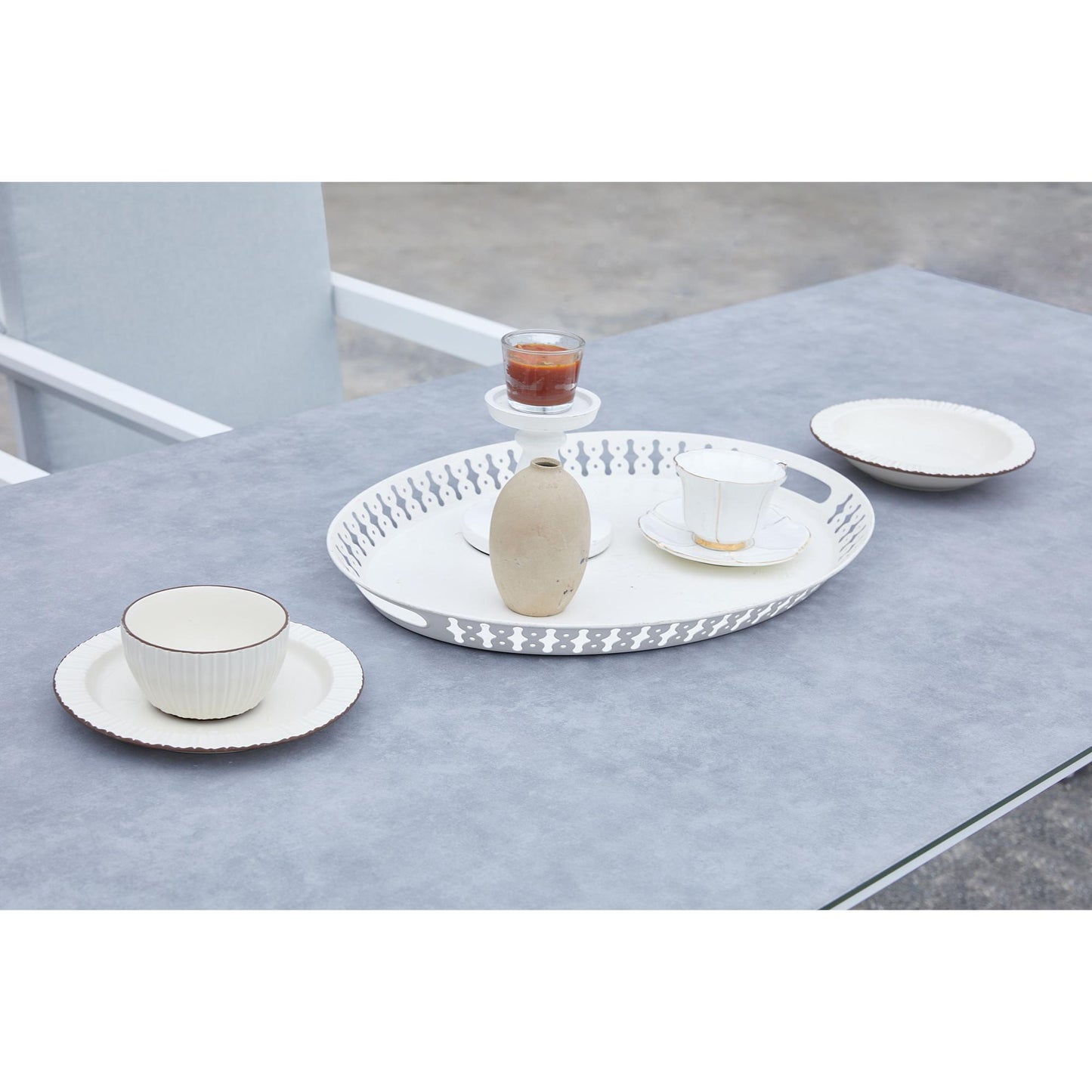 Mesa de comedor Onix 210*90 cm aluminio blanco cristal cerámico gris claro