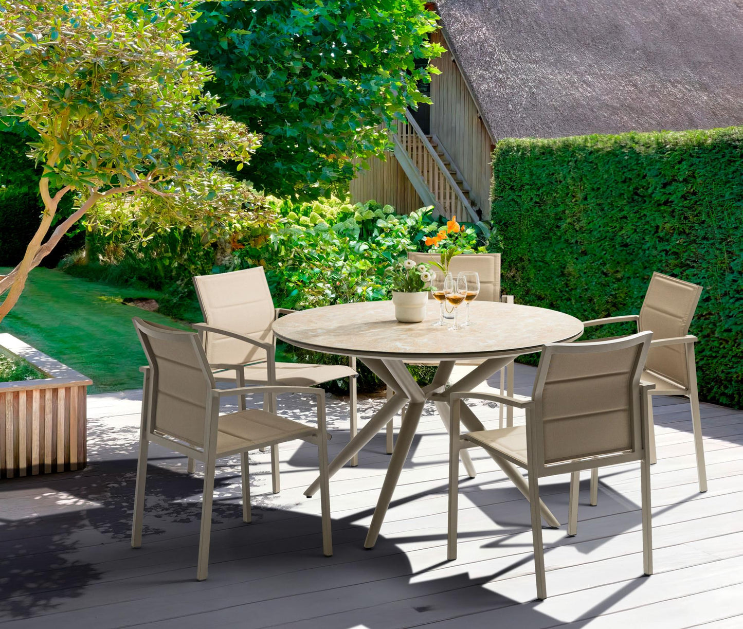 Mesa redonda Orick Ø 120 cm aluminio taupe cristal cerámico beige.