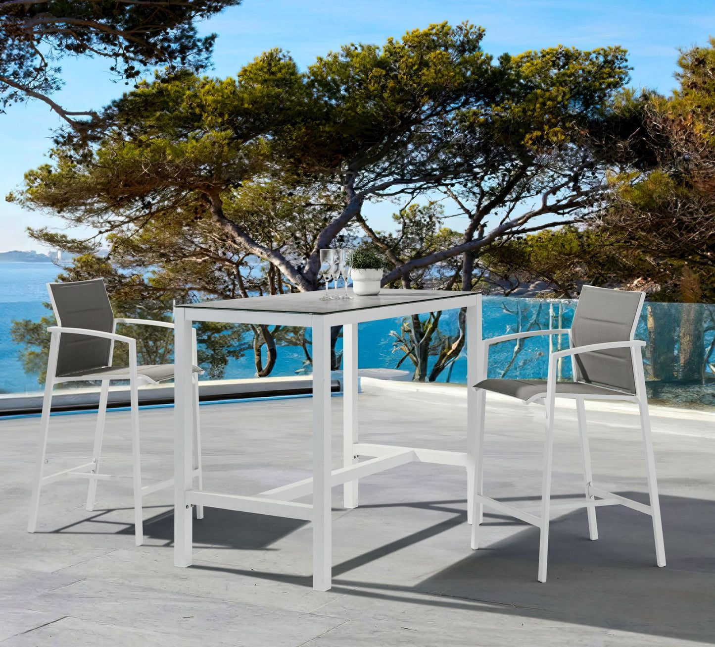 Sillón para barra de bar ORICK aluminio blanco y textilene gris