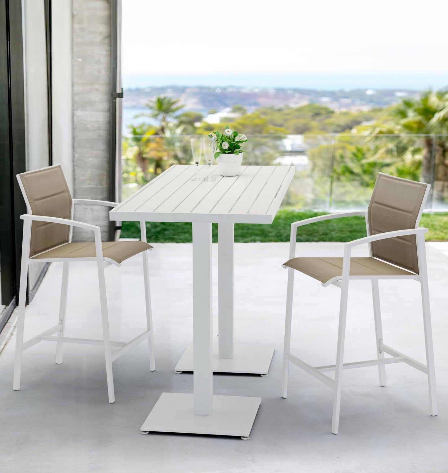 Sillón para barra de bar ORICK aluminio blanco y textil taupe