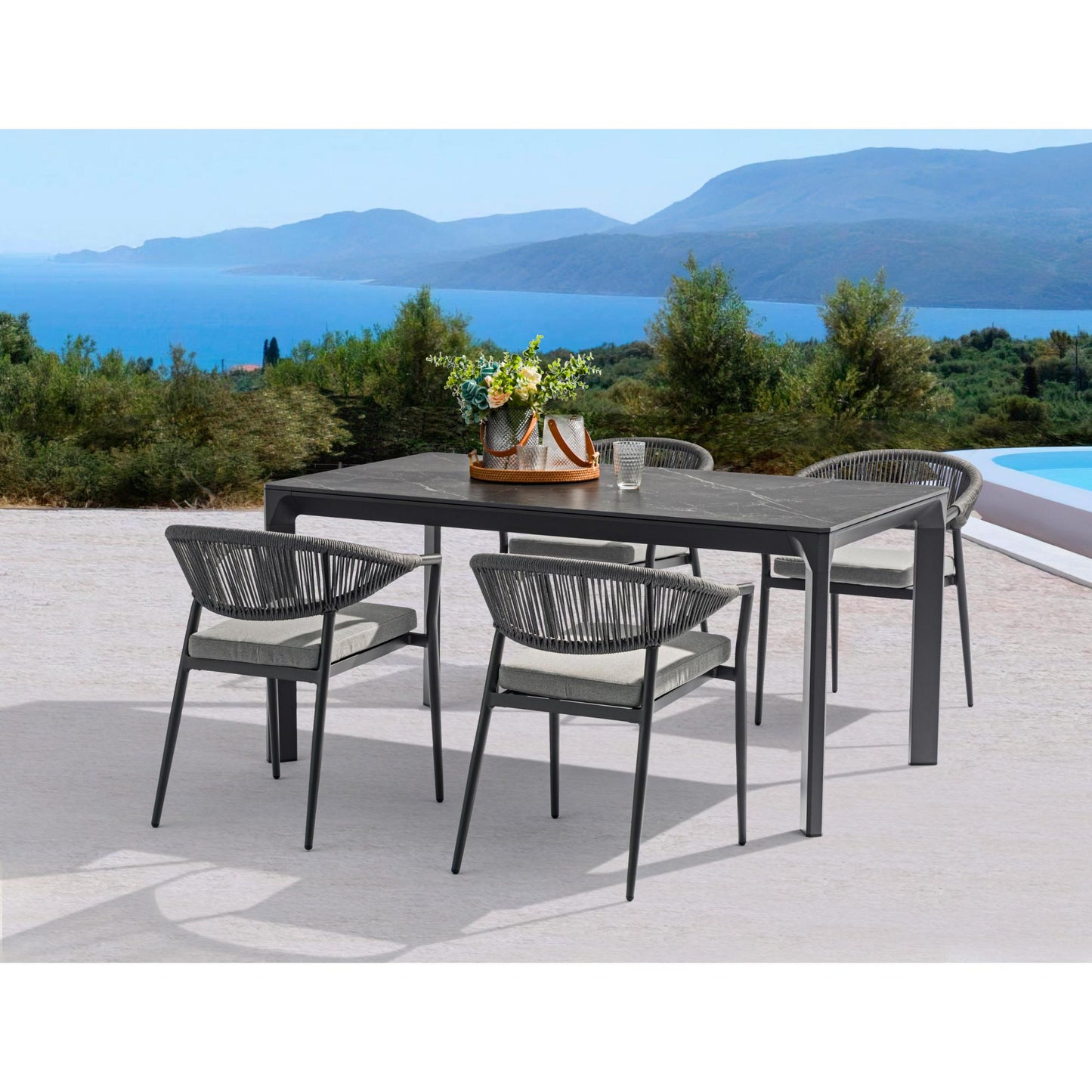 Silla de comedor Ross aluminio antracita cojín gris medio.