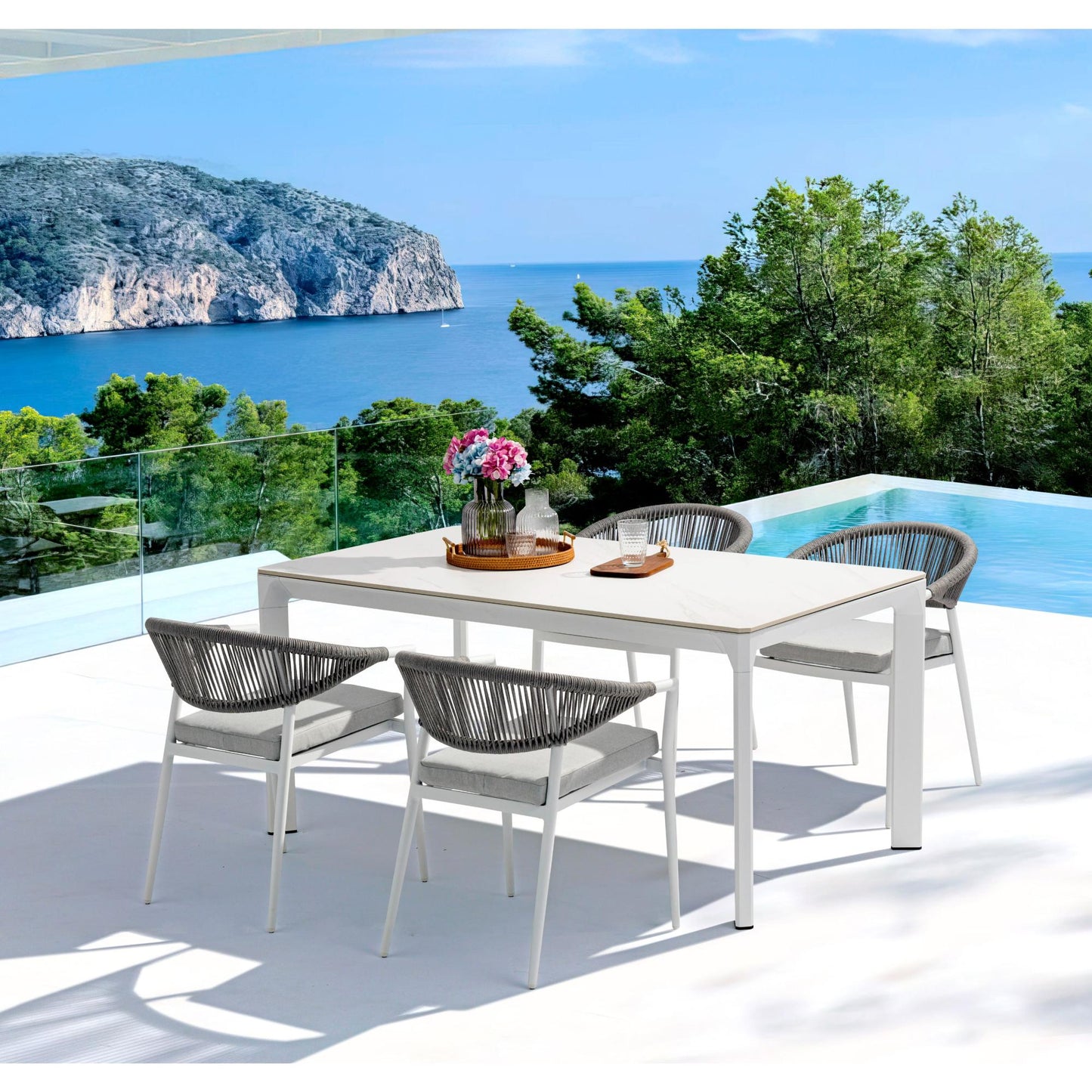 Silla de comedor Ross aluminio blanco con cojín gris claro