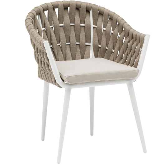 Sillón Meridian aluminio blanco cuerda greige y textil greige.