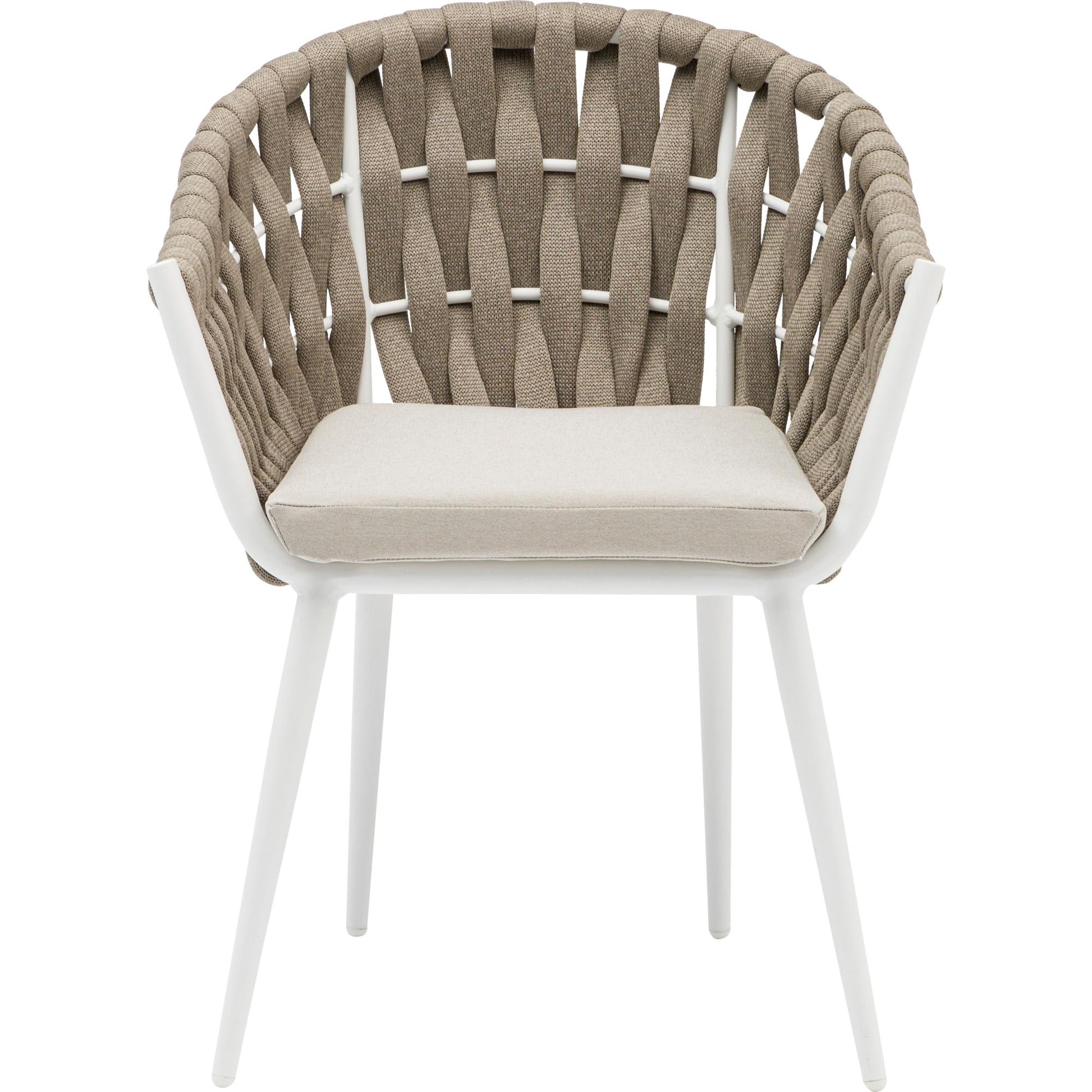 Sillón Meridian aluminio blanco cuerda greige y textil greige.