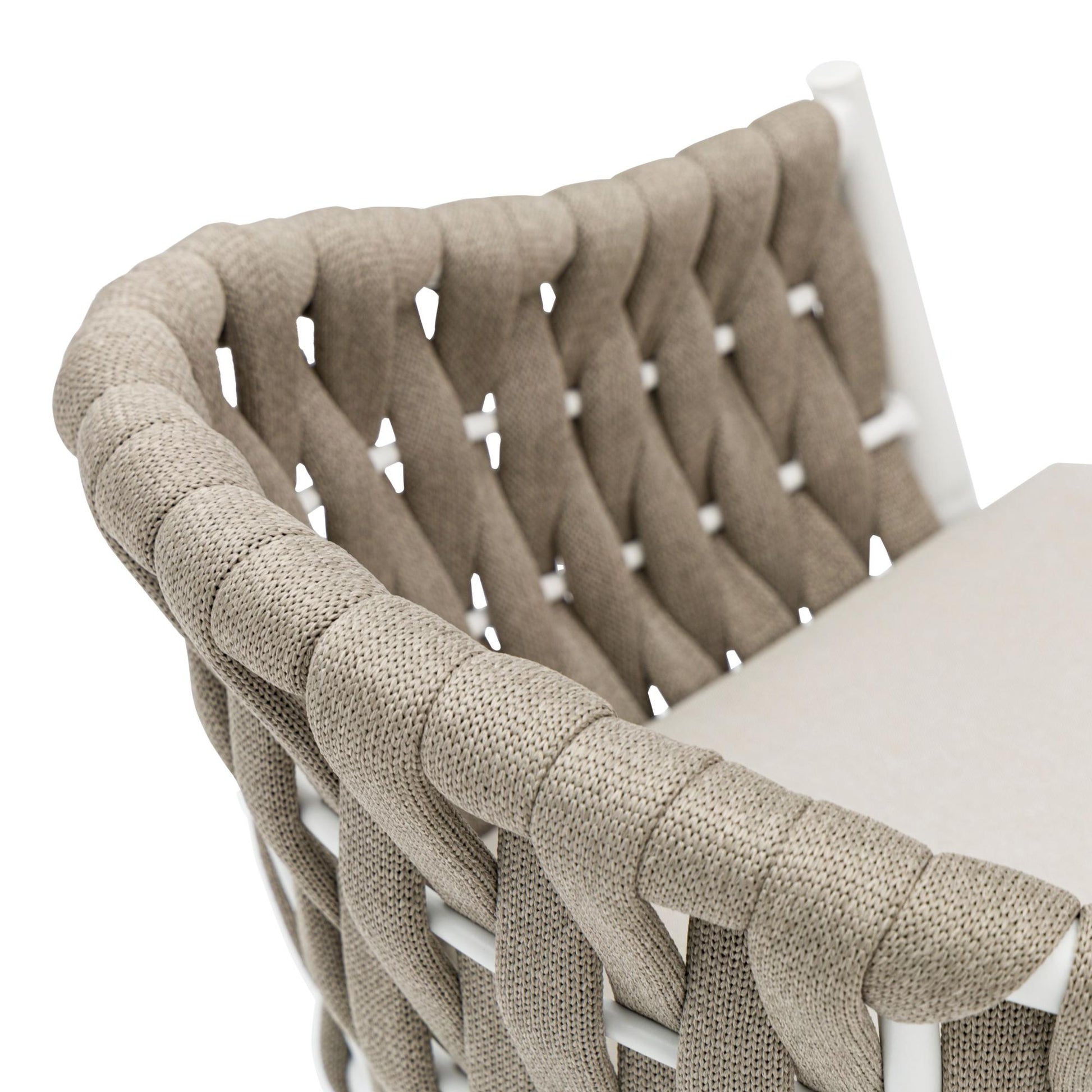Sillón Meridian aluminio blanco cuerda greige y textil greige.