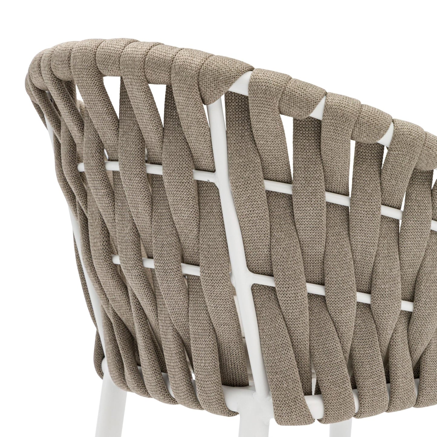 Sillón Meridian aluminio blanco cuerda greige y textil greige.