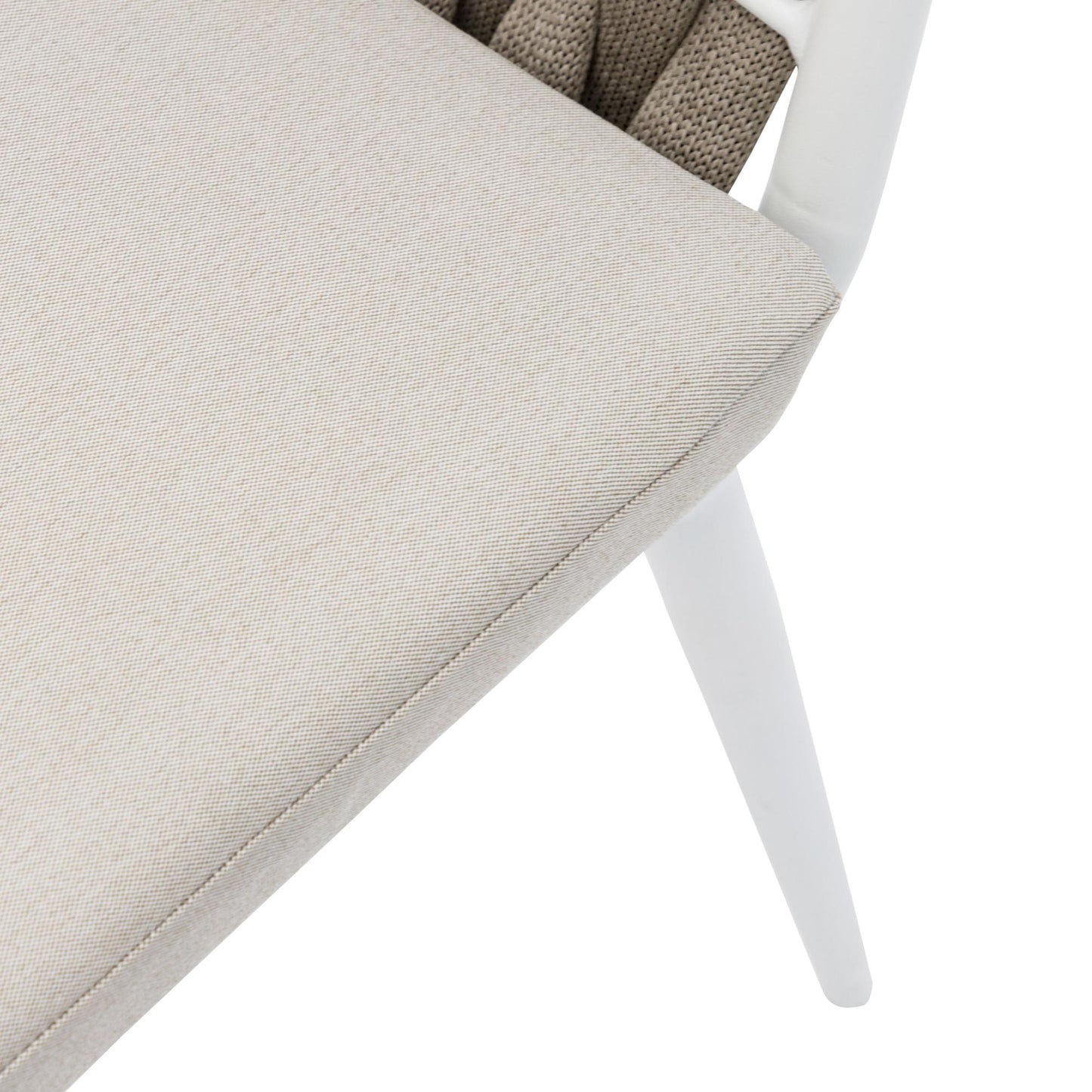 Sillón Meridian aluminio blanco cuerda greige y textil greige.