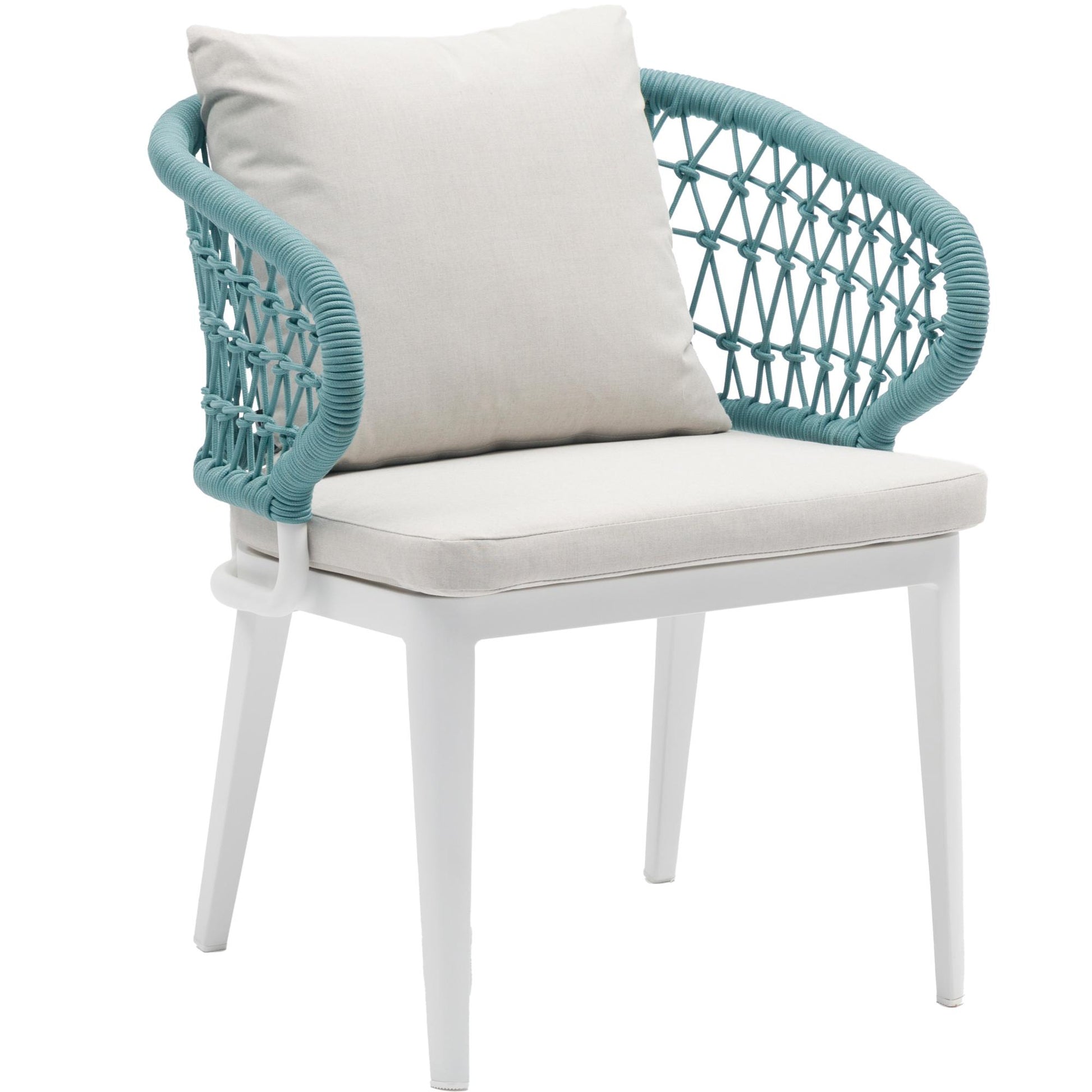 Sillón de comedor Isabela aluminio blanco y textil beige cuerda aqua.