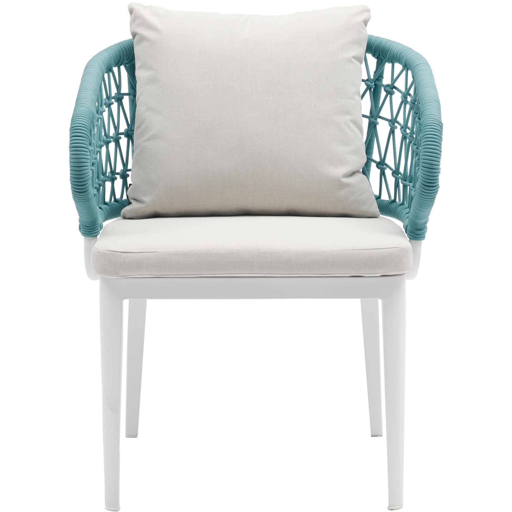 Sillón de comedor Isabela aluminio blanco y textil beige cuerda aqua.