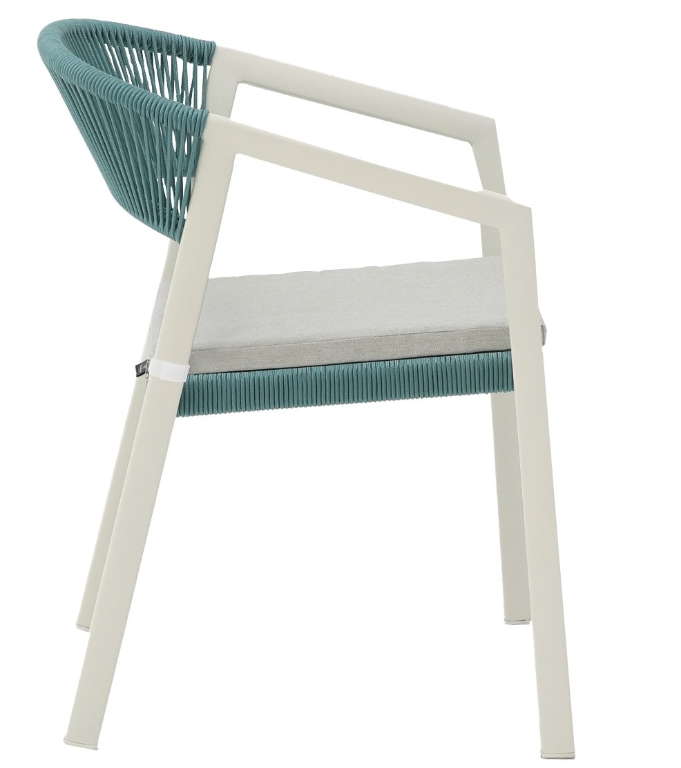 Silla con brazos Appelton aluminio blanco bone y trenzado aqua