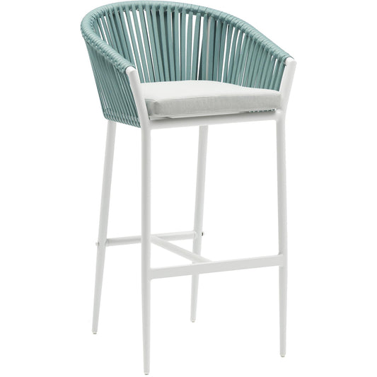 Sillón para barra de bar Ukiah aluminio blanco con cuerda aqua y cojín gris claro