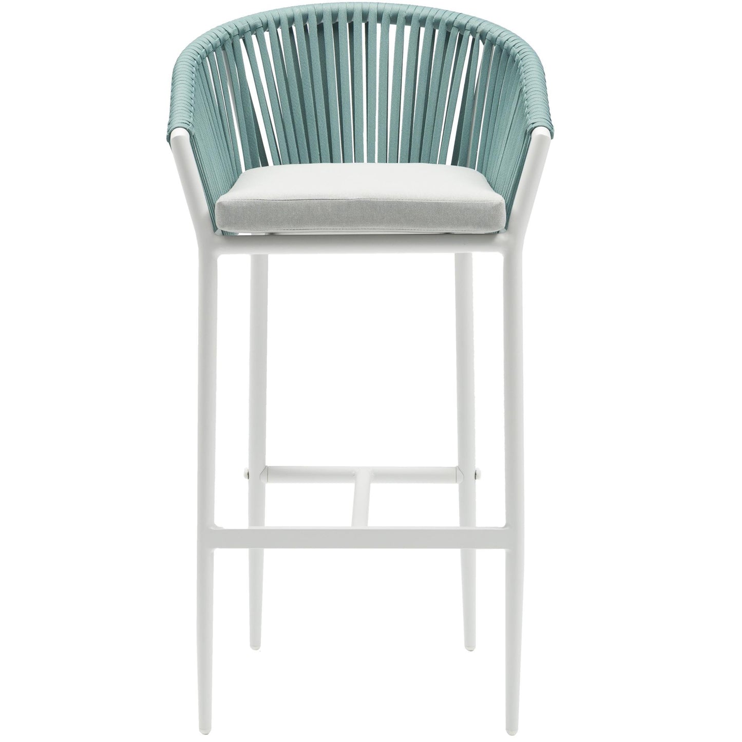 Sillón para barra de bar Ukiah aluminio blanco con cuerda aqua y cojín gris claro