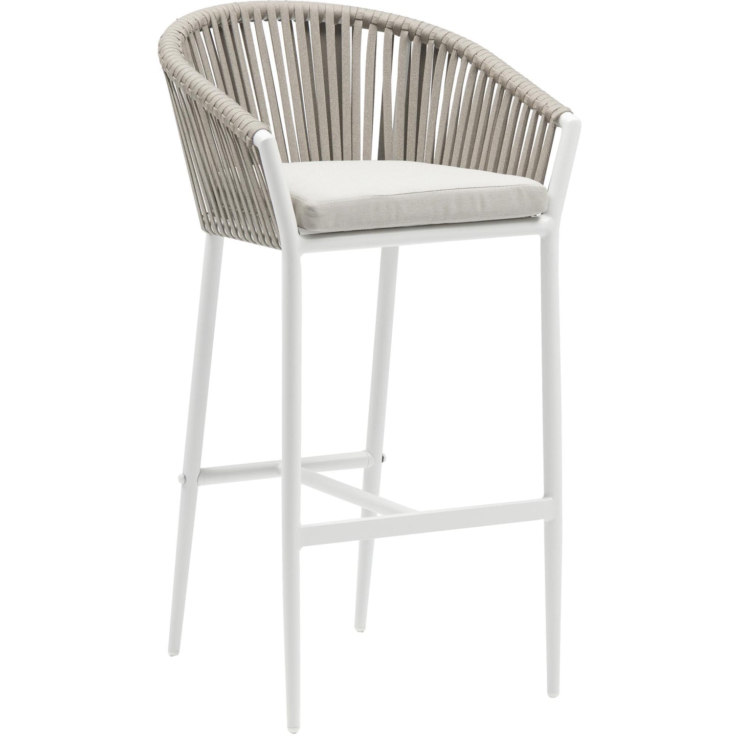 Sillón para barra de bar Ukiah aluminio blanco con cuerda y cojín greige