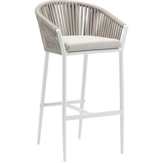 Sillón para barra de bar Ukiah aluminio blanco con cuerda y cojín greige