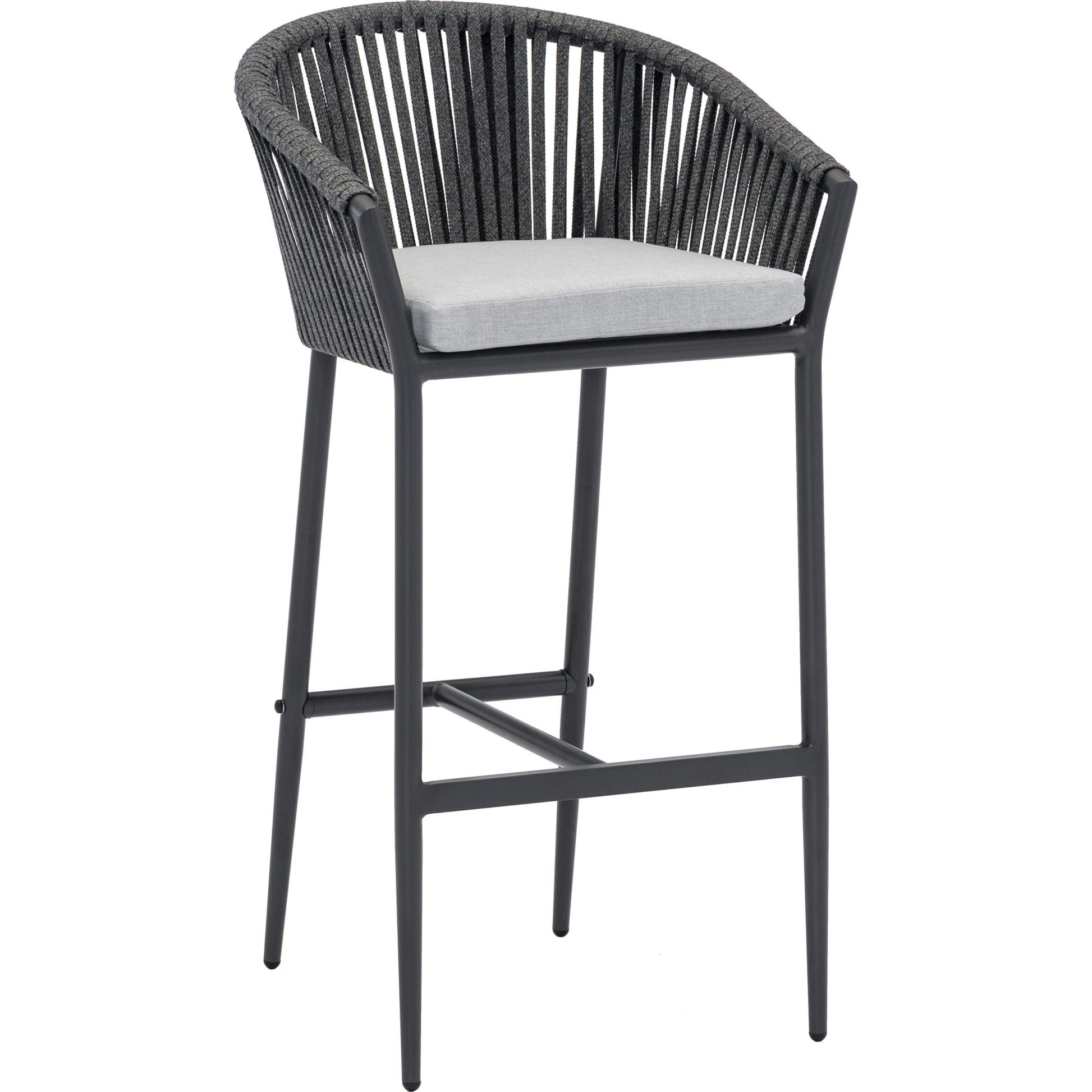 Sillón para barra de bar Ukiah aluminio y cuerda antracita con cojín gris medio.