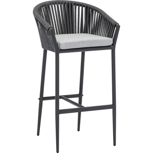 Sillón para barra de bar Ukiah aluminio y cuerda antracita con cojín gris medio.